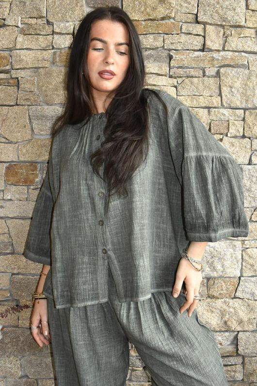 Loom & Thread Pin Tuck Blouse Washed Moss /40=